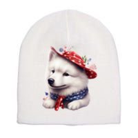 Samoyed Dog Puppy USA Flag Cute Samoyed Puppy Short Acrylic Beanie