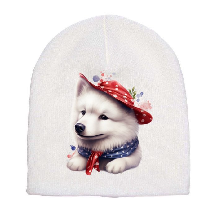 Samoyed Dog Puppy USA Flag Cute Samoyed Puppy Short Acrylic Beanie