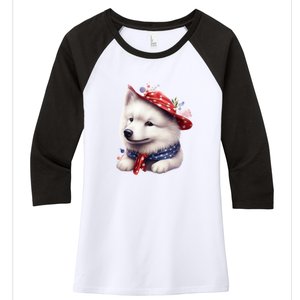 Samoyed Dog Puppy USA Flag Cute Samoyed Puppy Women's Tri-Blend 3/4-Sleeve Raglan Shirt