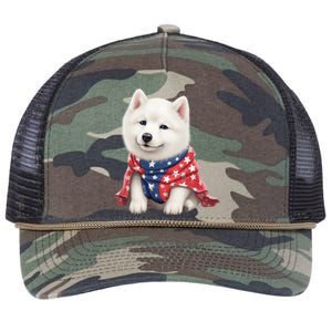 Samoyed Dog Puppy USA Flag Cute Samoyed Puppy Retro Rope Trucker Hat Cap