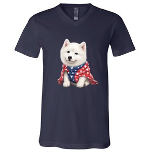 Samoyed Dog Puppy USA Flag Cute Samoyed Puppy V-Neck T-Shirt