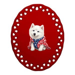 Samoyed Dog Puppy USA Flag Cute Samoyed Puppy Ceramic Oval Ornament