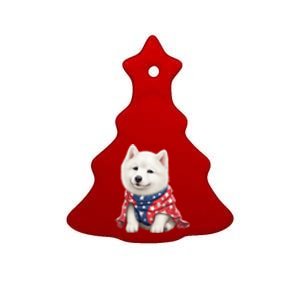 Samoyed Dog Puppy USA Flag Cute Samoyed Puppy Ceramic Tree Ornament