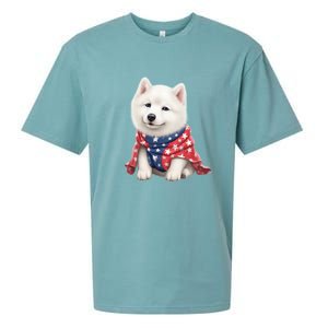 Samoyed Dog Puppy USA Flag Cute Samoyed Puppy Sueded Cloud Jersey T-Shirt