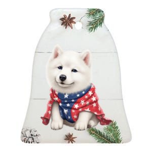 Samoyed Dog Puppy USA Flag Cute Samoyed Puppy Ceramic Bell Ornament