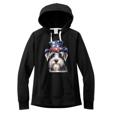 Schnauzer Dog Puppy USA Flag Cute Schnauzer Puppy Women's Fleece Hoodie