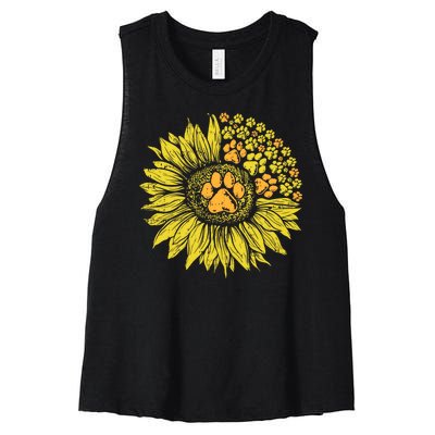 Sunflower Dog Paw Print Puppy Pet Cool Animal Lover Gift Women's Racerback Cropped Tank