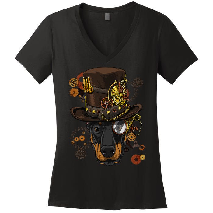 Steampunk Doberman Pinscher Medieval Victorian Women's V-Neck T-Shirt