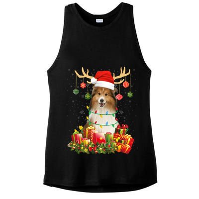 Sheltie Dog Reindeer Santa Hat Christmas Light Xmas Gift Ladies PosiCharge Tri-Blend Wicking Tank