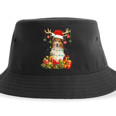 Sheltie Dog Reindeer Santa Hat Christmas Light Xmas Gift Sustainable Bucket Hat