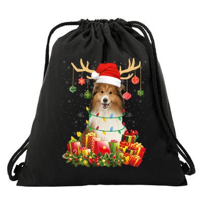 Sheltie Dog Reindeer Santa Hat Christmas Light Xmas Gift Drawstring Bag