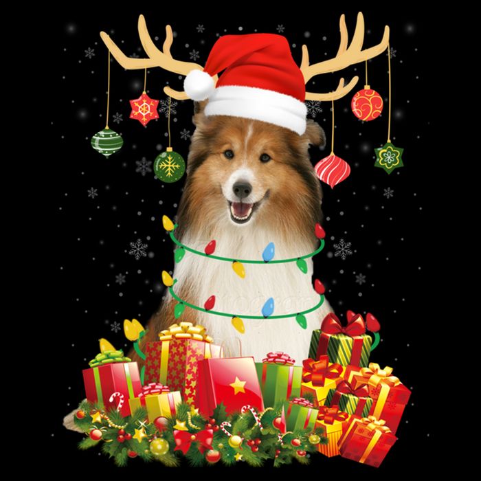 Sheltie Dog Reindeer Santa Hat Christmas Light Xmas Gift Drawstring Bag