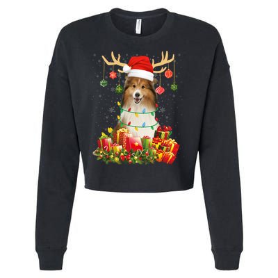 Sheltie Dog Reindeer Santa Hat Christmas Light Xmas Gift Cropped Pullover Crew