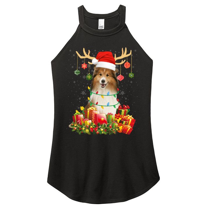 Sheltie Dog Reindeer Santa Hat Christmas Light Xmas Gift Women's Perfect Tri Rocker Tank