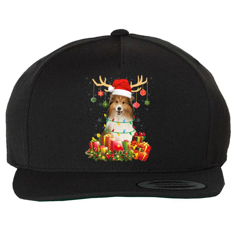 Sheltie Dog Reindeer Santa Hat Christmas Light Xmas Gift Wool Snapback Cap