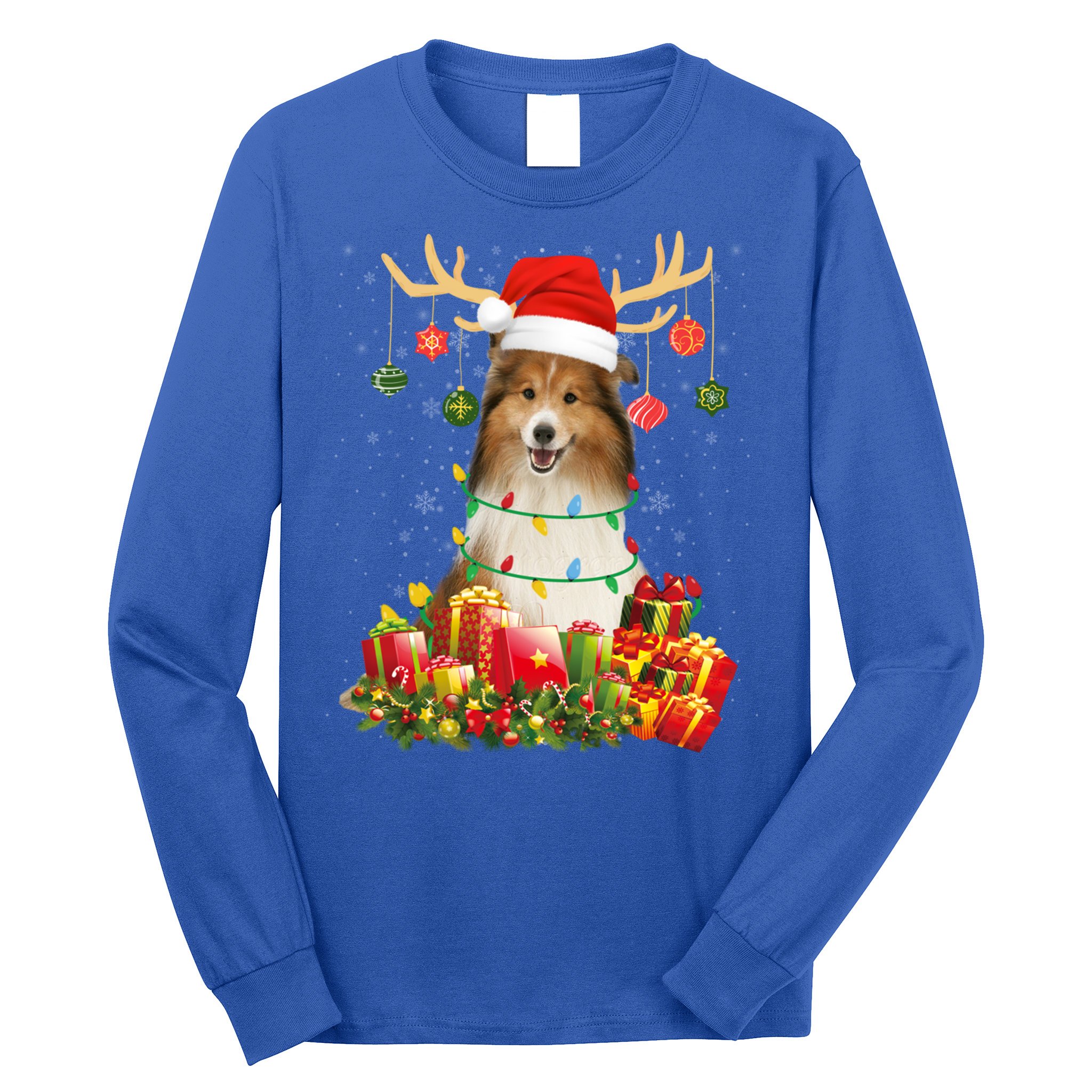 Sheltie Dog Reindeer Santa Hat Christmas Light Xmas Gift Long Sleeve Shirt