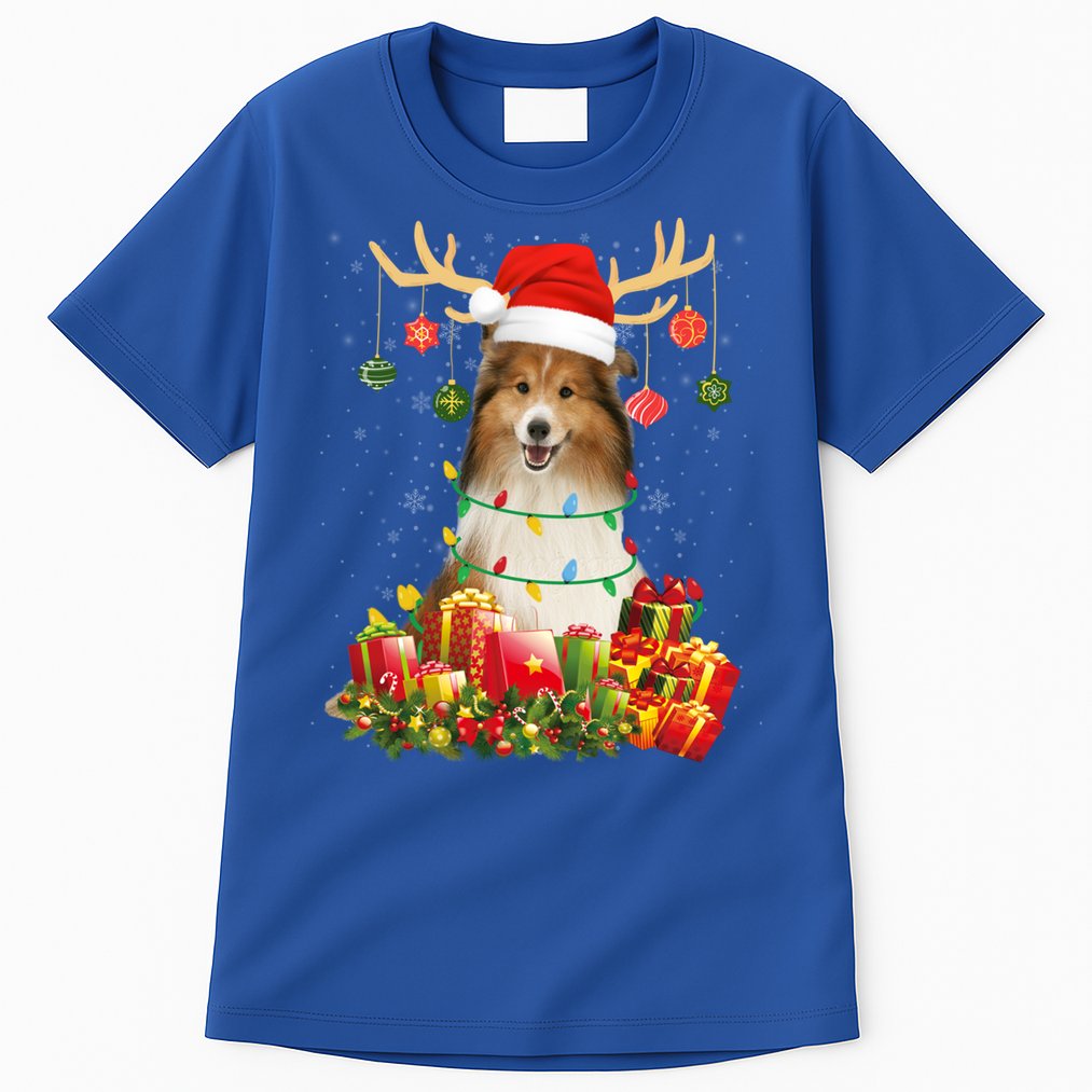 Sheltie Dog Reindeer Santa Hat Christmas Light Xmas Gift Tall T-Shirt