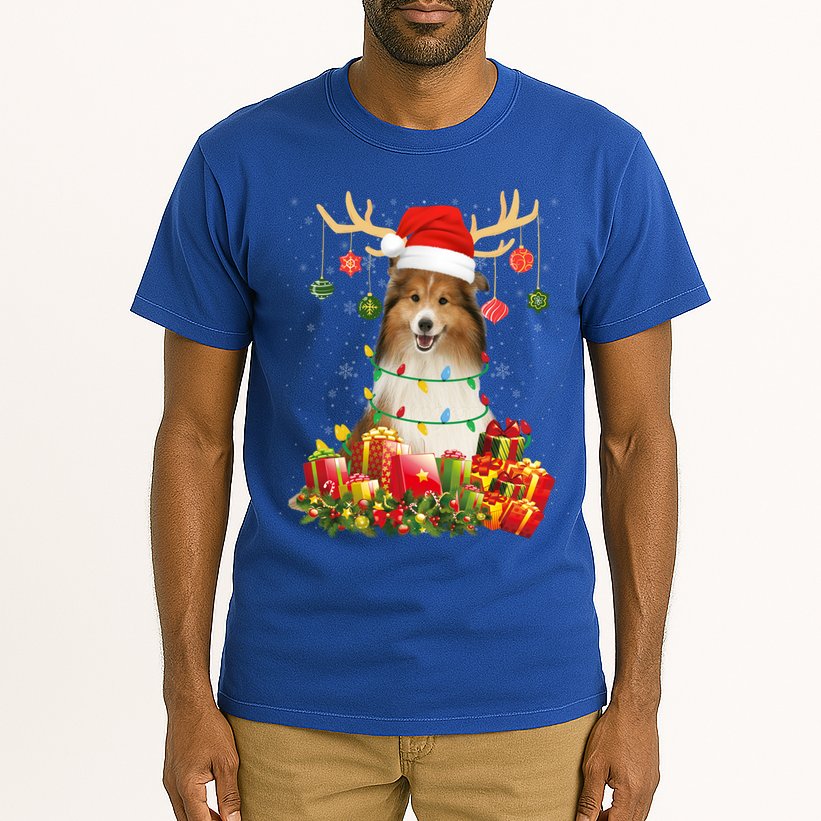 Sheltie Dog Reindeer Santa Hat Christmas Light Xmas Gift Tall T-Shirt