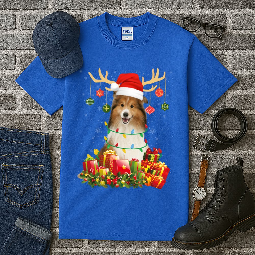 Sheltie Dog Reindeer Santa Hat Christmas Light Xmas Gift Tall T-Shirt