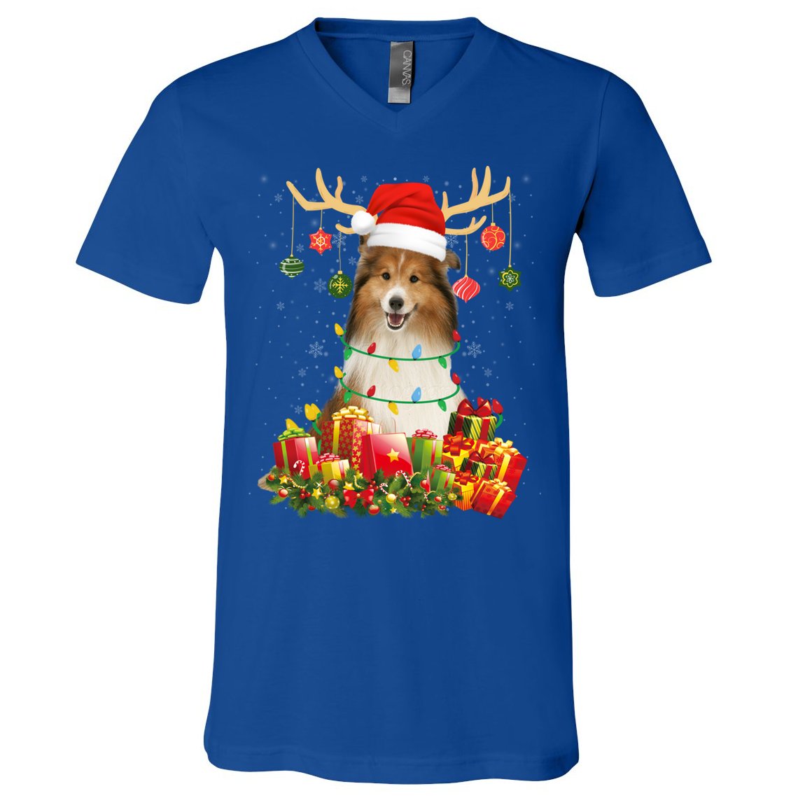 Sheltie Dog Reindeer Santa Hat Christmas Light Xmas Gift V-Neck T-Shirt