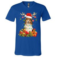Sheltie Dog Reindeer Santa Hat Christmas Light Xmas Gift V-Neck T-Shirt