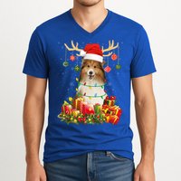 Sheltie Dog Reindeer Santa Hat Christmas Light Xmas Gift V-Neck T-Shirt