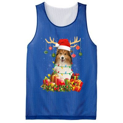 Sheltie Dog Reindeer Santa Hat Christmas Light Xmas Gift Mesh Reversible Basketball Jersey Tank