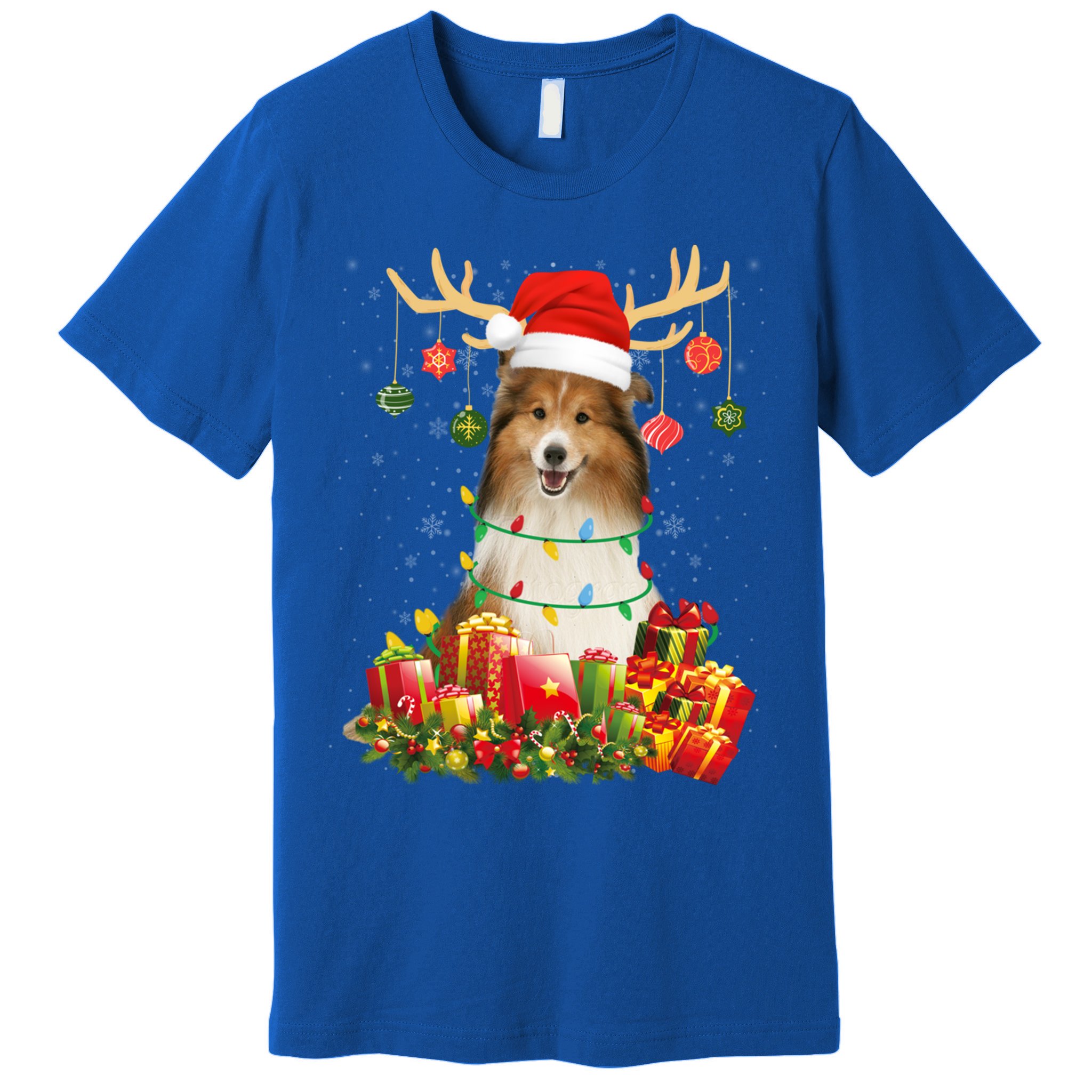 Sheltie Dog Reindeer Santa Hat Christmas Light Xmas Gift Premium T-Shirt