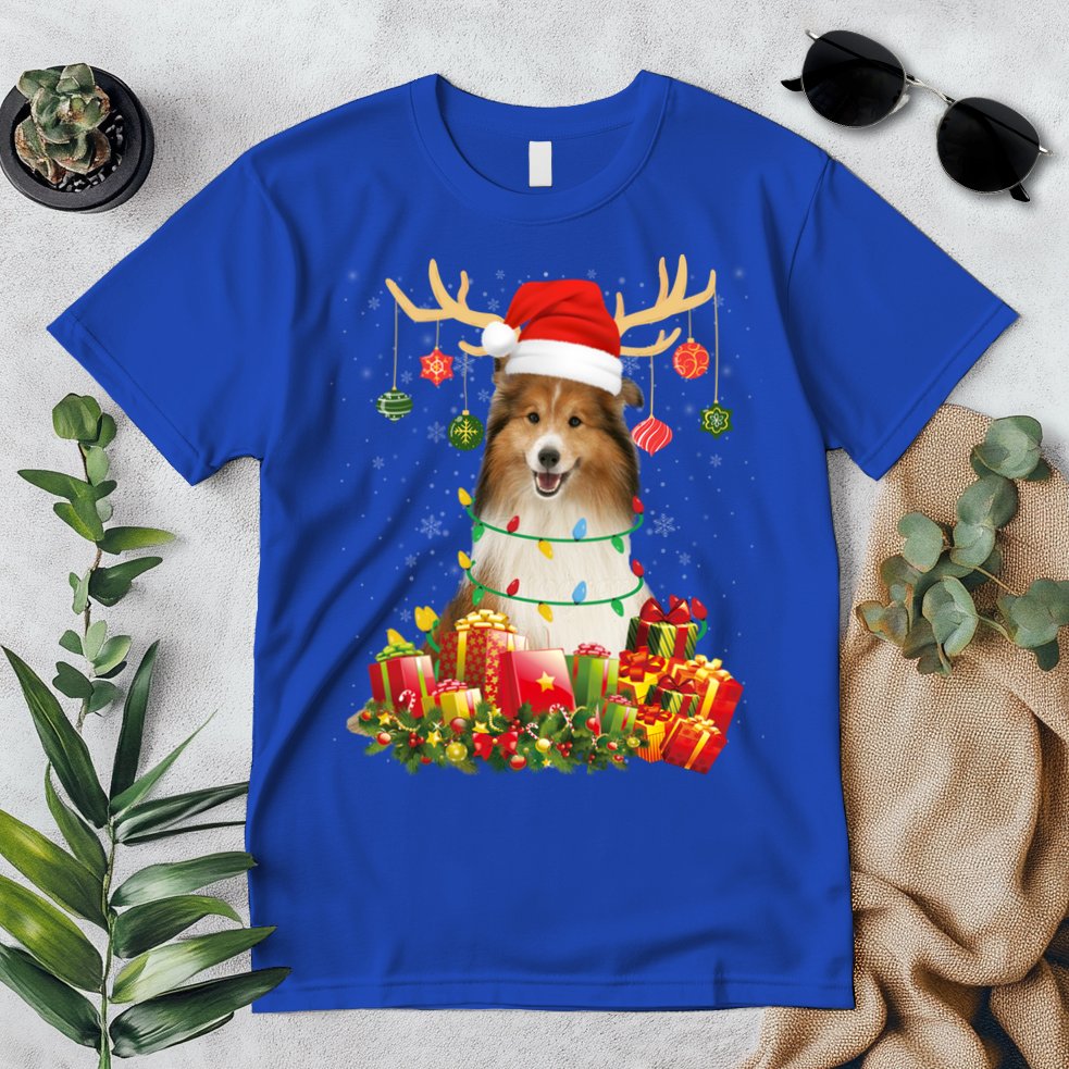 Sheltie Dog Reindeer Santa Hat Christmas Light Xmas Gift Premium T-Shirt