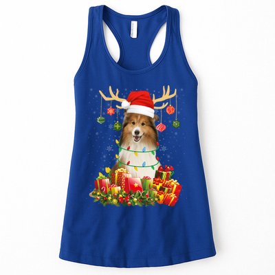 Sheltie Dog Reindeer Santa Hat Christmas Light Xmas Gift Womens Tank Top