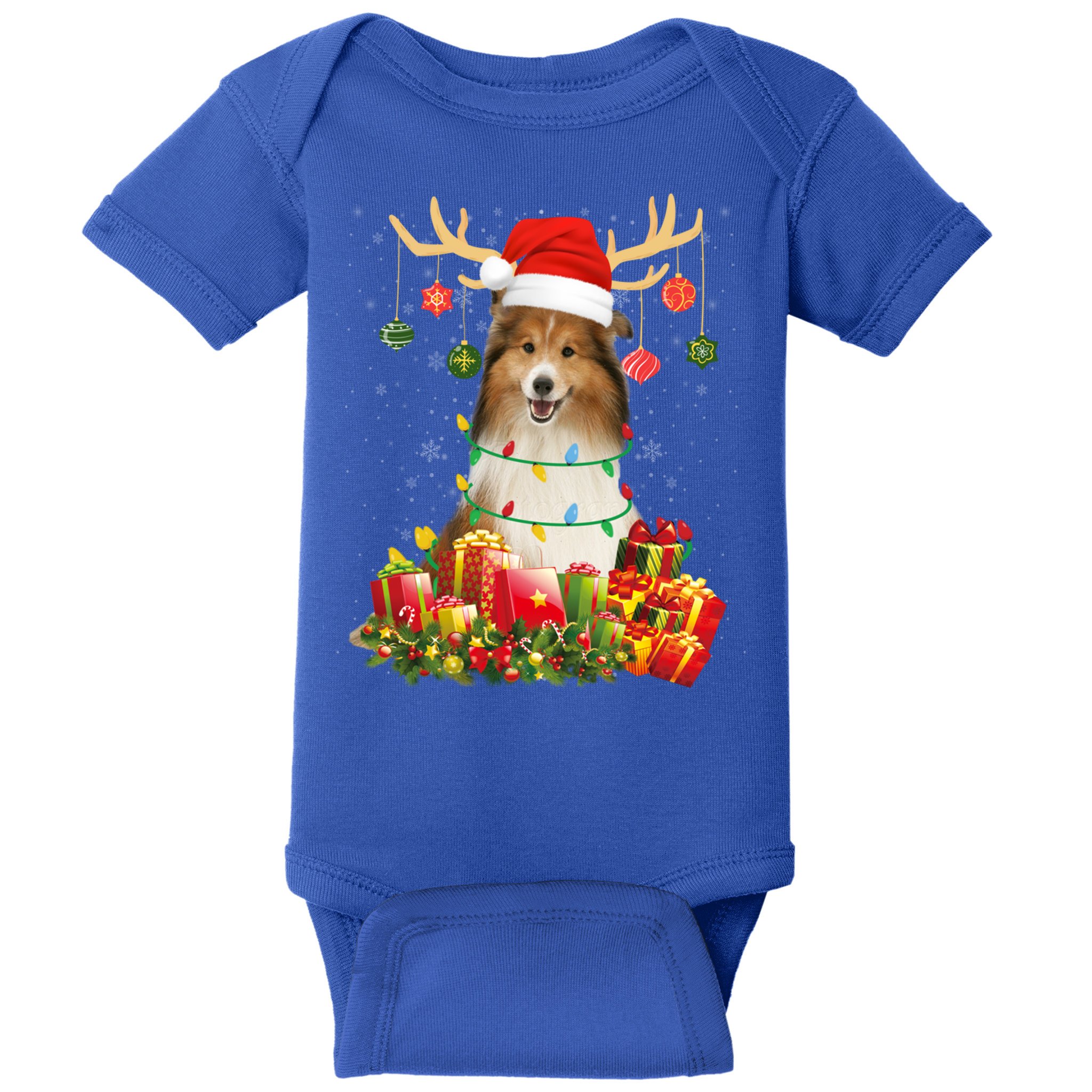 Sheltie Dog Reindeer Santa Hat Christmas Light Xmas Gift Baby Bodysuit