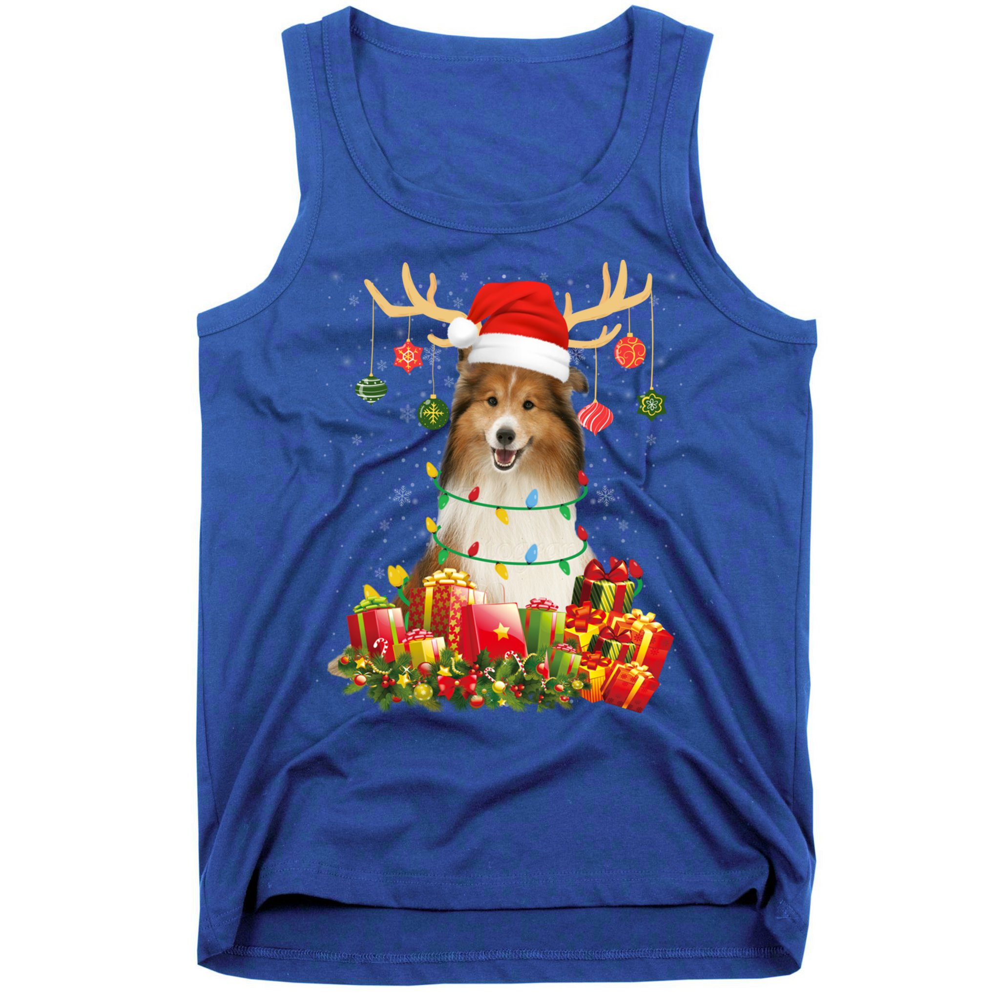 Sheltie Dog Reindeer Santa Hat Christmas Light Xmas Gift Tank Top