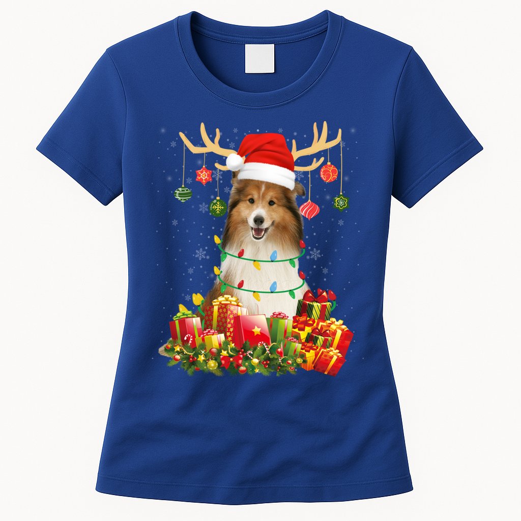 Sheltie Dog Reindeer Santa Hat Christmas Light Xmas Gift Womens T-Shirt