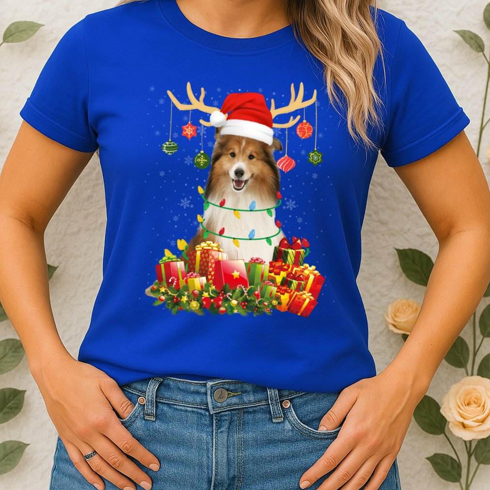 Sheltie Dog Reindeer Santa Hat Christmas Light Xmas Gift Womens T-Shirt