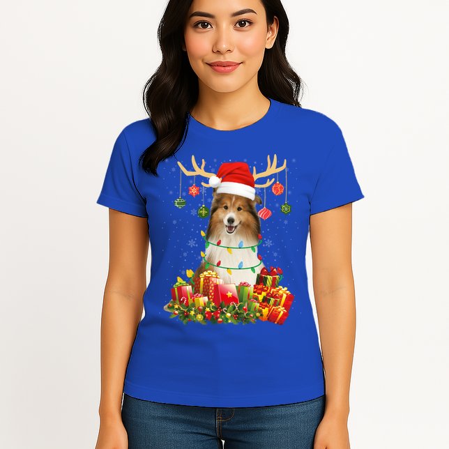 Sheltie Dog Reindeer Santa Hat Christmas Light Xmas Gift Womens T-Shirt
