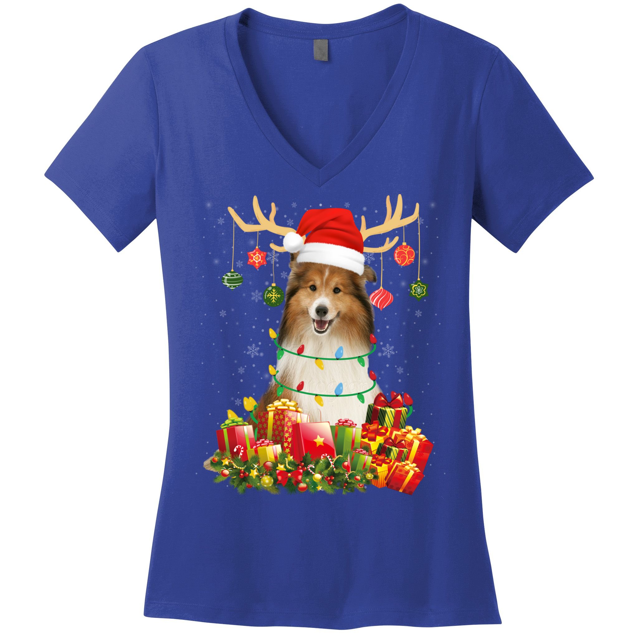 Sheltie Dog Reindeer Santa Hat Christmas Light Xmas Gift Women's V-Neck T-Shirt