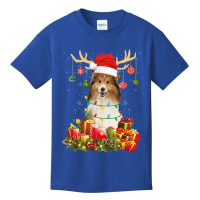Sheltie Dog Reindeer Santa Hat Christmas Light Xmas Gift Kids T-Shirt