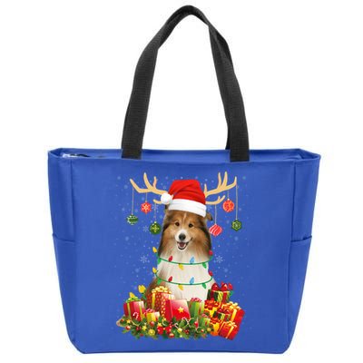 Sheltie Dog Reindeer Santa Hat Christmas Light Xmas Gift Zip Tote Bag