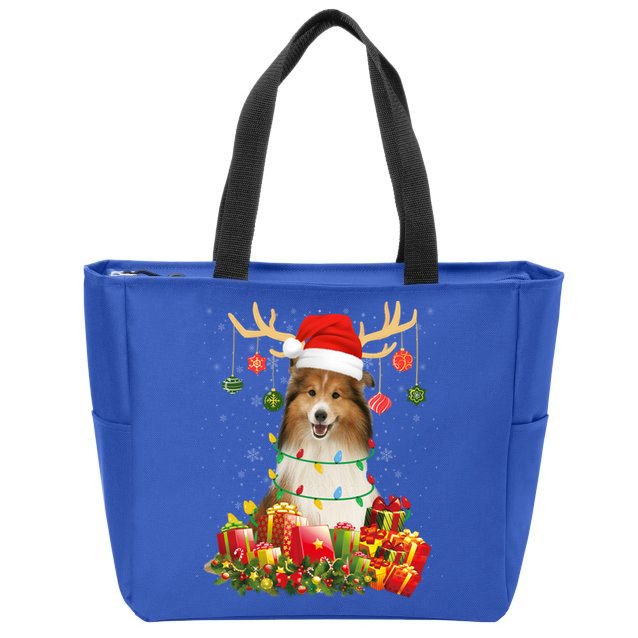 Sheltie Dog Reindeer Santa Hat Christmas Light Xmas Gift Zip Tote Bag