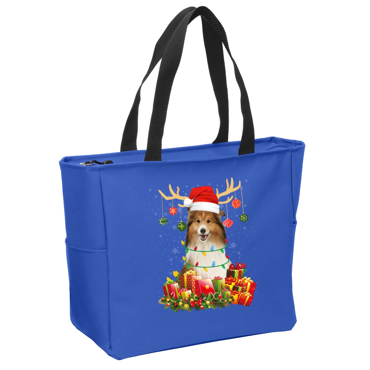 Sheltie Dog Reindeer Santa Hat Christmas Light Xmas Gift Zip Tote Bag