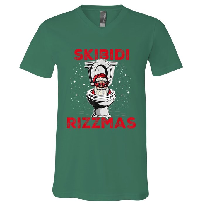 Skibi Di Rizzmas Funny Santa Toilet White Elephant Christmas V-Neck T-Shirt