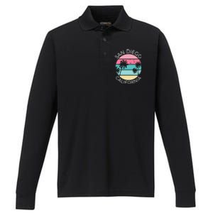 San Diego Retro California Surf Beach SD La Jolla Oceanside Premium Performance Long Sleeve Polo