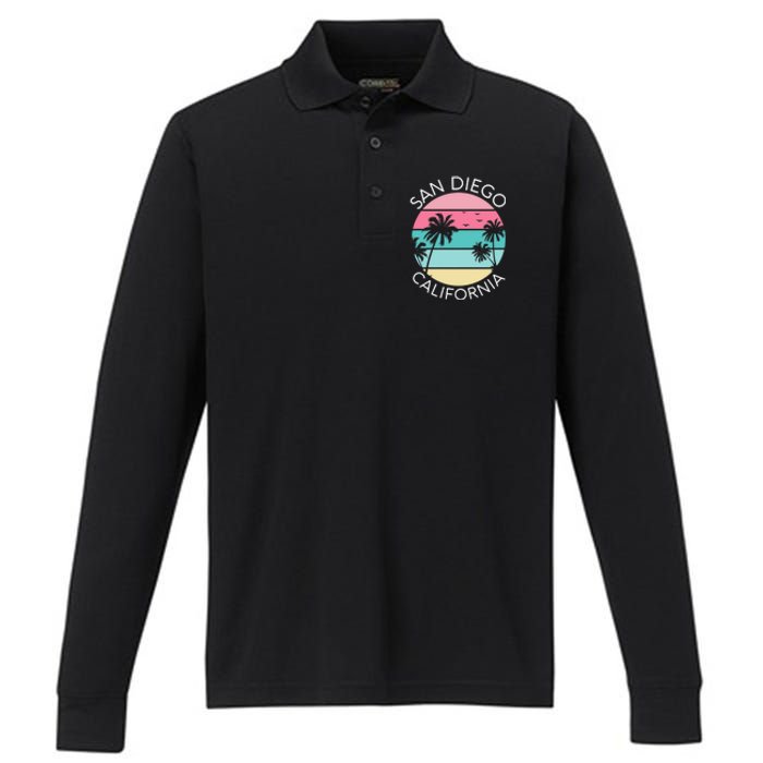 San Diego Retro California Surf Beach SD La Jolla Oceanside Premium Performance Long Sleeve Polo