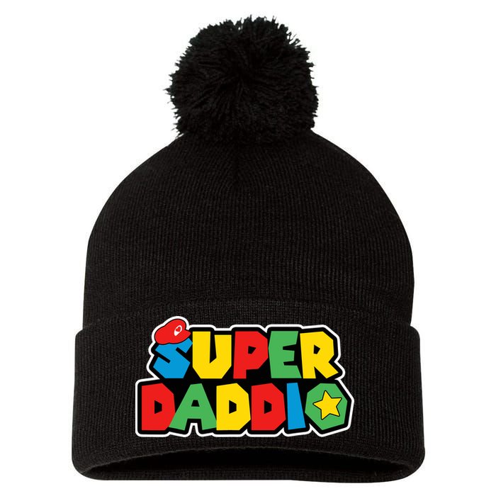 Super Daddio Retro Video Game Fathers Day Dad Gaming Pom Pom 12in Knit Beanie