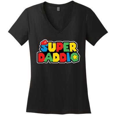 Super Daddio Retro Video Game Fathers Day Dad Gaming Women's V-Neck T-Shirt