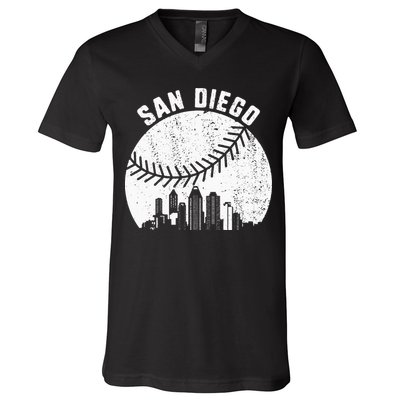 San Diego Skyline Baseball Fan Vintage San Diego Baseball V-Neck T-Shirt