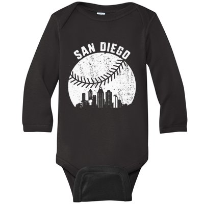 San Diego Skyline Baseball Fan Vintage San Diego Baseball Baby Long Sleeve Bodysuit