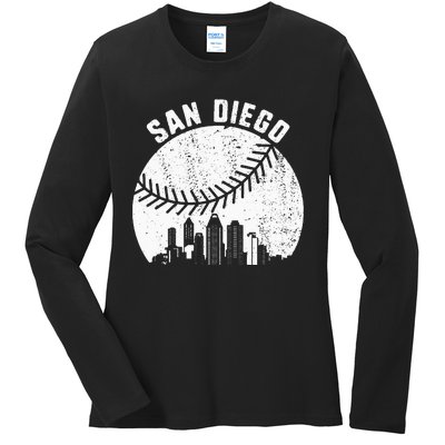 San Diego Skyline Baseball Fan Vintage San Diego Baseball Ladies Long Sleeve Shirt