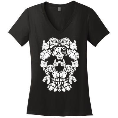 Skull Dog Skeleton Halloween Costume Scary Carnival Women's V-Neck T-Shirt