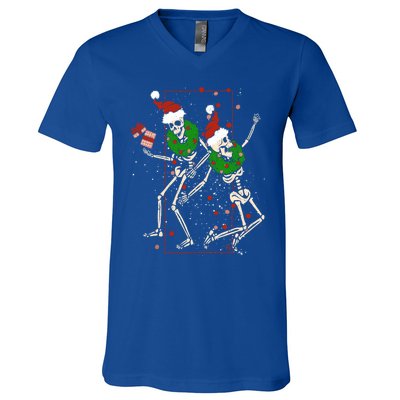 Skeleton Dancing Snowflake Christmas Santa Skeleton Xmas Cute Gift V-Neck T-Shirt